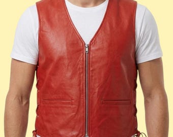 Red Leather Biker Vest Men: Lace-Up Sides, Zip Front Punk Streetwear