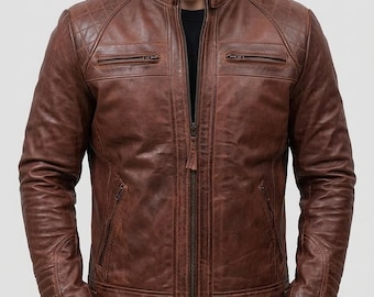 Cafe Racer Leather Jacket – Handmade Top Grain Biker Moto Coat