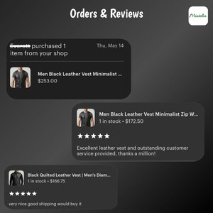 May include: Screenshot of Etsy shop orders and reviews. The image shows three customer reviews for black leather vests. The reviews include product names, prices, and customer feedback. The shop name is Mintelia.