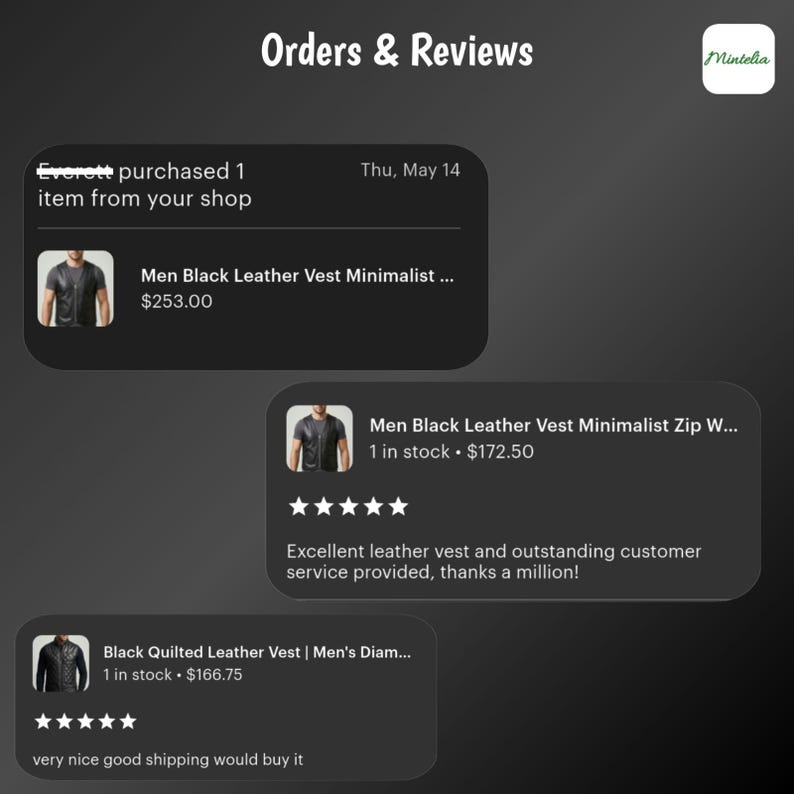 May include: Screenshot of Etsy shop orders and reviews. The image shows three customer reviews for black leather vests. The reviews include product names, prices, and customer feedback. The shop name is Mintelia.