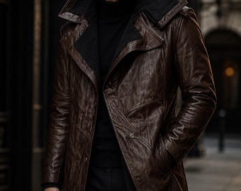 Blade Runner inspired Shearling Leather Coat – Hooded Sheepskin Aviator Overcoat, Handmade Unisex Winter Jacket