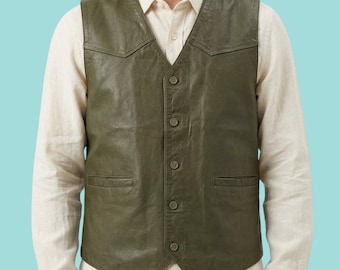 Olive Green Utility Vest, Button Front Sleeveless Waistcoat, Patch Pocket Gilet