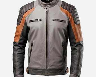 Motorcycle Leather Jacket – Handmade Custom Cafe Racer Grey & Brown