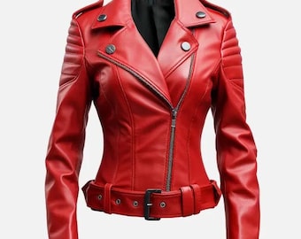 Women's Red Leather Biker Jacket: Asymmetric Zip Moto Coat Quilted Motorcycle Style