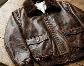 Brown Distressed Leather Bomber Jacket with Shearling Collar – Aviator Style