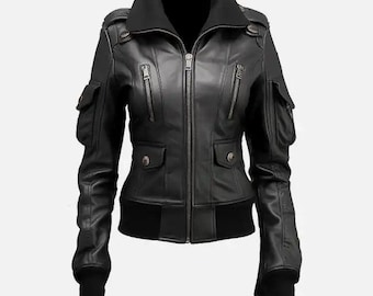 Black Leather Ruffle Sleeve Moto Jacket Fitted Biker Zip Coat
