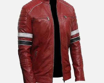 Men's Red Leather Cafe Racer Jacket – Striped Sleeve Biker Style Coat