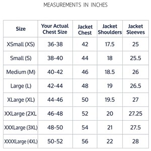 May include: Size chart for men's jackets, with measurements in inches. Includes chest size, jacket chest, shoulder width, and sleeve length for sizes XS to 4XL. The chart is from Mintelias.