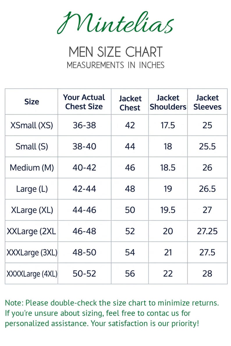 May include: Size chart for men's jackets, with measurements in inches. Includes chest size, jacket chest, shoulder width, and sleeve length for sizes XS to 4XL. The chart is from Mintelias.