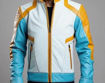 Color Block Leather Jacket – Handmade Custom Biker Coat White, Yellow & Turquoise