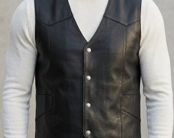 Men's Black Real Leather Vest – Minimal Button Front Sleeveless Layering Waistcoat