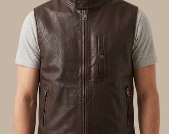 Men's Brown Leather Vest – Minimalist Zip Sleeveless Lightweight Layering