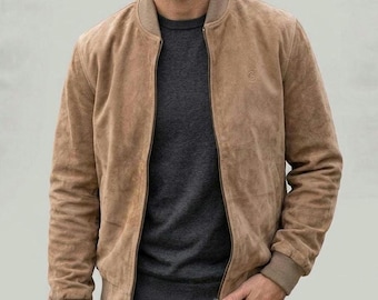 Men's Genuine Suede Leather Bomber Jacket | Tan Camel Zip Up Coat | Ribbed Cuff Outerwear