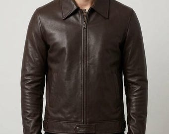 Leather Harrington Jacket Brown– Handmade Full-Grain Unisex Slim Fit