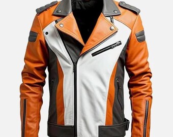 Men’s Leather Biker Jacket – Orange Black White Colorblock Custom Moto Jacket