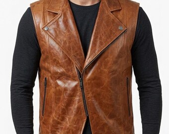 Men's Brown Leather Biker Vest: Vintage Zip Moto Style Streetwear