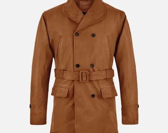 Shearling Aviator Jacket – Brown Sheepskin Coat, Long Flight Overcoat with Shearling Collar, Handmade Unisex