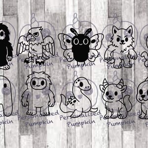 Op de afbeelding: Zwart-wit cartoon illustraties van verschillende wezens, waaronder een bigfoot, een adelaar, een vlinder, een wolf en een octopus. De tekst "Personalized Pumpkin" staat rond elk personage.