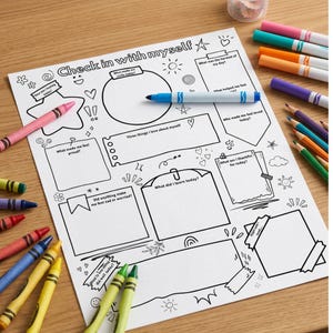 May include: A white paper sheet titled Check in with myself featuring black line art boxes and prompts for daily reflection. The page is surrounded by colorful crayons and markers, with a blue marker resting horizontally across the center.