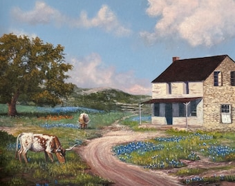 Grazing Rights ondertekend schilderij/gematteerd door James D. Avant, 8 x 10 inch