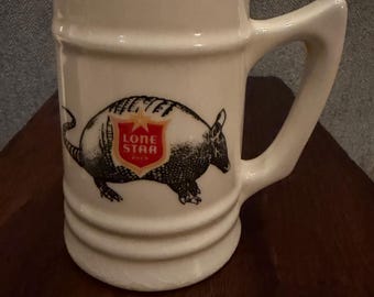 Iconic Lone Star Beer Stein Featuring Armadillo, 5”t x 3” top diameter