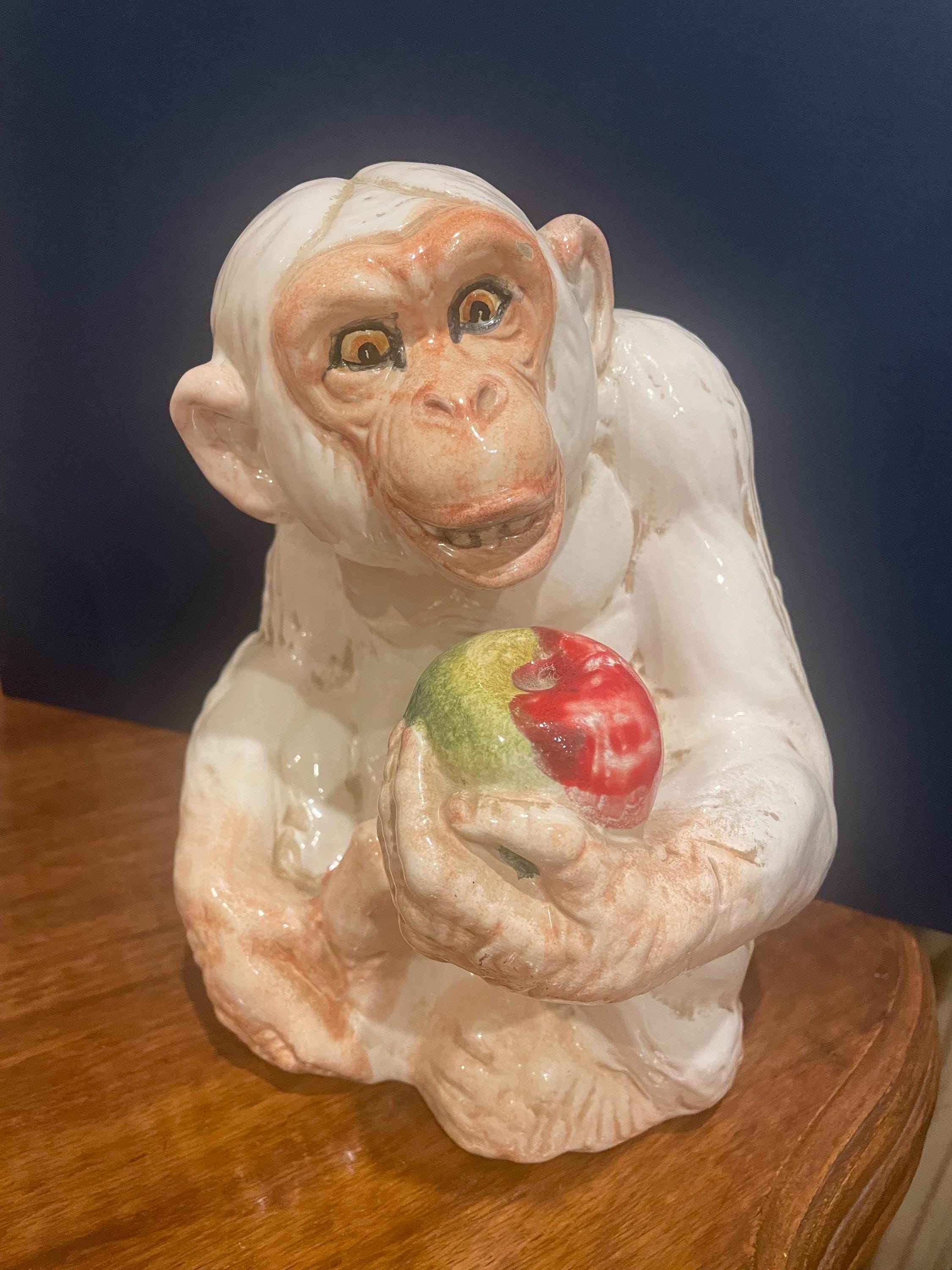 Vintage White Glazed Majolica Style Monkey With Apple, Made in