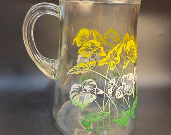 Vintage glazen kan uit het midden van de eeuw, geel/wit/groene flora, 9,5"t