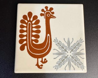 Azulejo MCM de 4,25" com Galo em Estilo Folk Art
