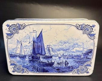 Vintage Hellema Dutch Delft Style Tin, 8.25” x 5.25” x 2.5”
