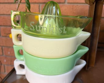 WOW 1920/30’s McKee Glass Sunkist Citrus Reamer w/ Fingerloop (choice) White Milk Glass, Uranium Jadeite, Custard Glass, and Green Uranium