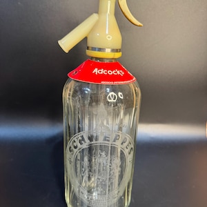 Schweppes Seltzer Bottle with Adcocks Soda Water Tag, 11”t