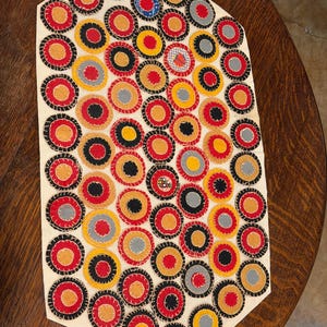 Vintage Handstitched Felt Penny Rug, So Cool, Great Pops of Color, 25.5”L x 14.5”W