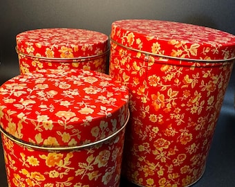 Vintage röda och krämfärgade blommiga metallburkar, set om 3, Italien