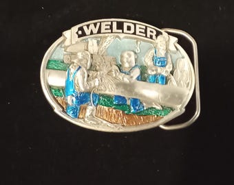 1986 Tinnen lasbrander pijpleiding riemgesp, Great American Buckle Company
