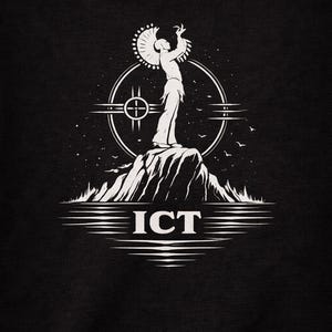 May include: Black t-shirt featuring a white graphic of a figure with outstretched arms atop a rocky landscape. A circular design with a cross and horizontal lines surrounds the figure. The word "ICT" is printed below the landscape.