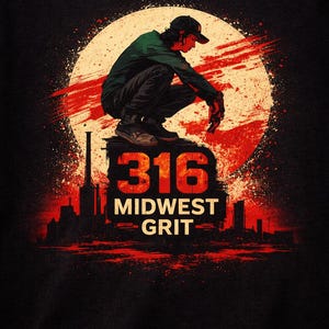 May include: Black t-shirt featuring a person squatting in front of a red and cream-colored sunburst design. The shirt has the text "316 Midwest Grit" in red and white, with a cityscape silhouette at the bottom.