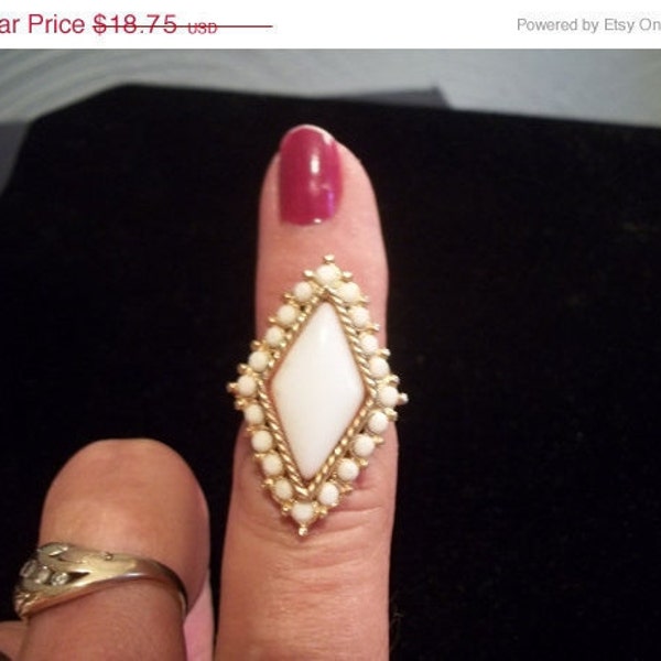 Large Diamond Shaped 1960s Cocktail Ring, White Stones, Adjustable Costume Ring,