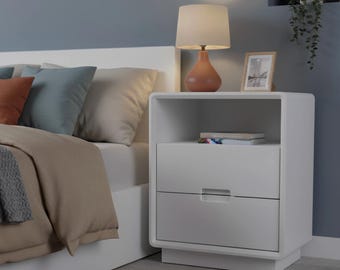 White Solid Wood Nightstand with Drawers, Modern Bedside Table with Open Shelf