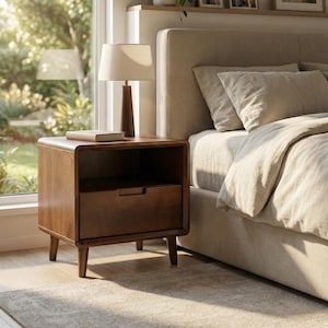 Op de afbeelding: Een houten nachtkastje met een lade en een open plank, met daarop een lamp en een boek. Het nachtkastje heeft een warme bruine afwerking en staat naast een bed met neutrale beddengoed. De kamer heeft een raam met natuurlijk licht.