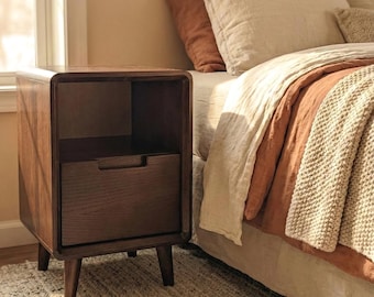 Set of 2 Narrow Solid Wood Nightstands, Compact Bedside Tables with Drawer & Open Shelf