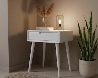 White Nightstand with Drawer, Modern Bedside Table, Mid Century Bedroom Furniture