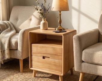 Massief houten nachtkastje, minimalistisch nachtkastje, moderne bijzettafel met lade, afgeronde randen