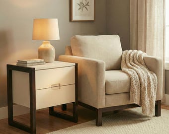Modern White Nightstand with Drawer and Dark Frame, Minimal Bedside Table, Contemporary Side Table