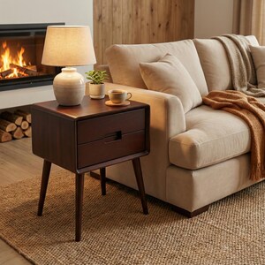 Puede incluir: Una mesita de noche de madera de color marrón oscuro con un cajón y cuatro patas cónicas. Encima hay una lámpara de mesa de cerámica color crema con pantalla de tela beige, una pequeña suculenta verde en maceta blanca y una taza de cerámica.