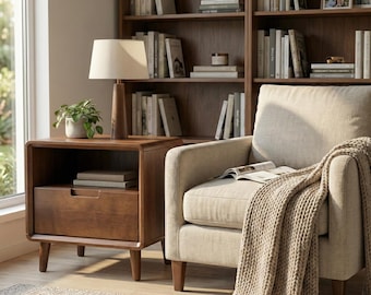 Vintage Modern Nightstand, Solid Wood Bedside Table with Drawer & Open Shelf, Small End Table
