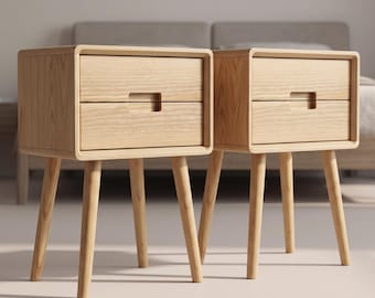 Set van 2 massief houten nachtkastjes, nachtkastjes met twee lades en afgeronde hoeken.