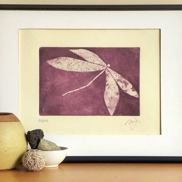 Original Etching Print Nursery DRAGONFLY Purple Wings Fairy Fine Art Print Wall Decor Aquatint Printmaking Limited Edition 10x7