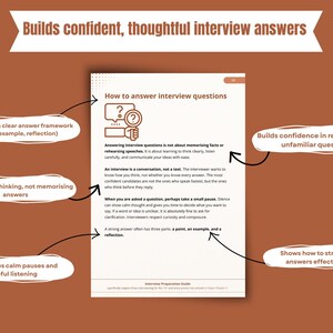 Puede incluir: Infograf&iacute;a sobre un fondo marr&oacute;n con el texto "Construye respuestas de entrevista seguras y reflexivas". Explica c&oacute;mo responder preguntas de entrevista, incluido un marco de respuesta claro.