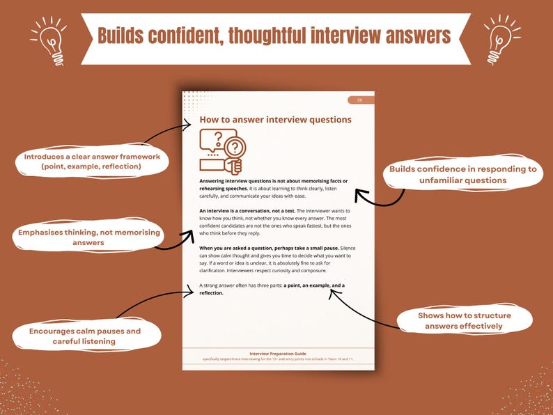 Puede incluir: Infograf&iacute;a sobre un fondo marr&oacute;n con el texto "Construye respuestas de entrevista seguras y reflexivas". Explica c&oacute;mo responder preguntas de entrevista, incluido un marco de respuesta claro.