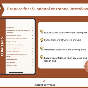 Puede incluir: Una gu&iacute;a digital titulada "Prep&aacute;rese para las entrevistas de ingreso escolar 13+" con una tableta que muestra el contenido. La gu&iacute;a explica lo que buscan los entrevistadores y apoya la confianza. Incluye el texto "Descarga instant&aacute;nea".